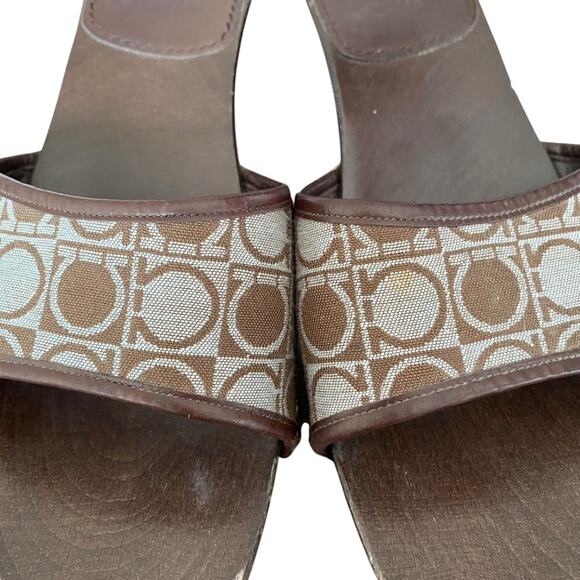 Salvatore Ferragamo Wood Slide Sandals Brown Light Blue Logo size 8 - Picture 3 of 11